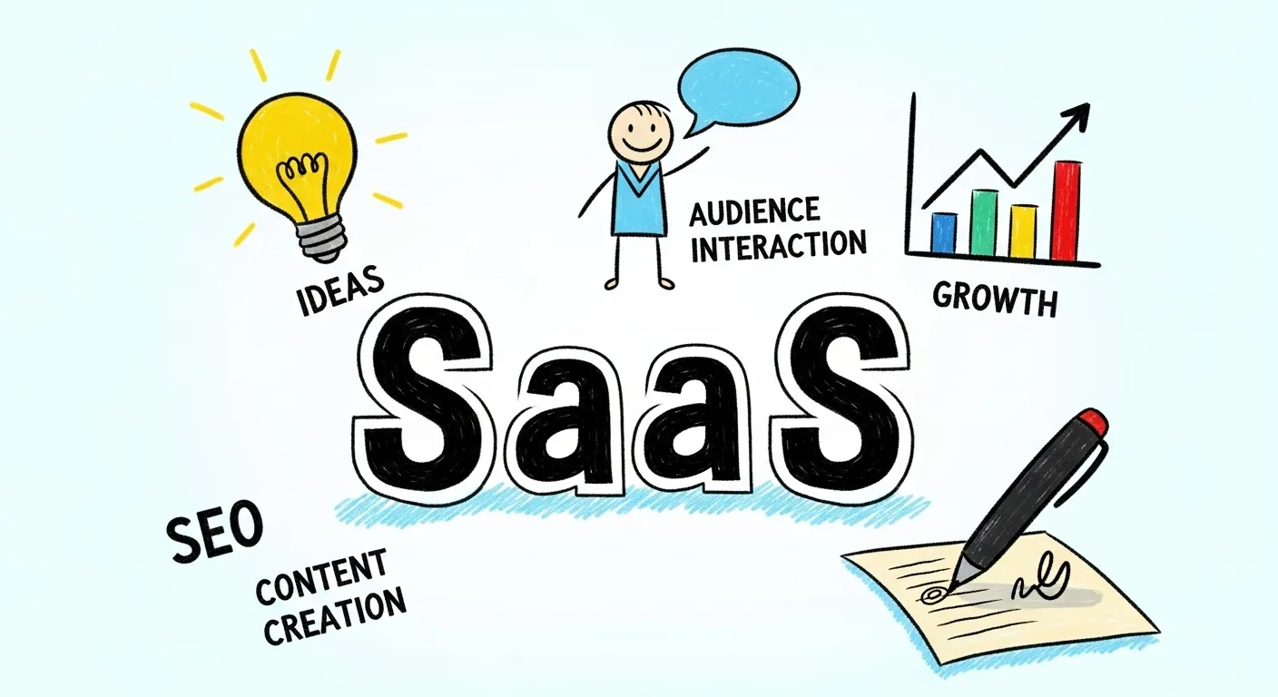 Рисунок из надписи SaaS, графика роста вверх, лампочки идеи, создания SEO контента