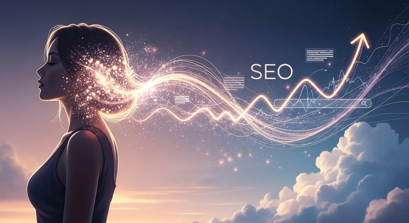 рисунок девушки в профиль, волосы превращаются в растущий график SEO